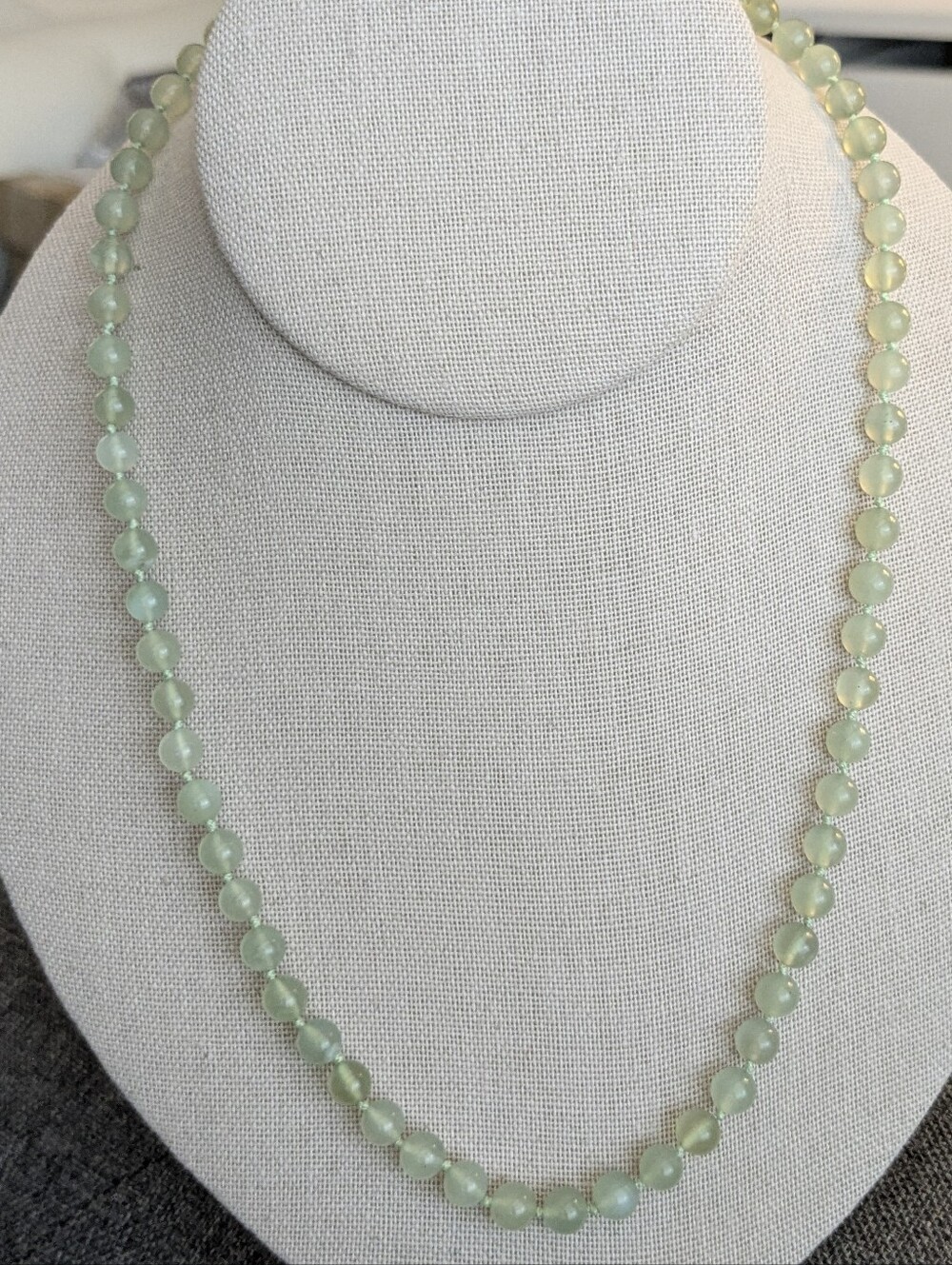 Prehnite Beaded Necklace 22" Pale Green Gemstone Necklace Gold Tone Clasp